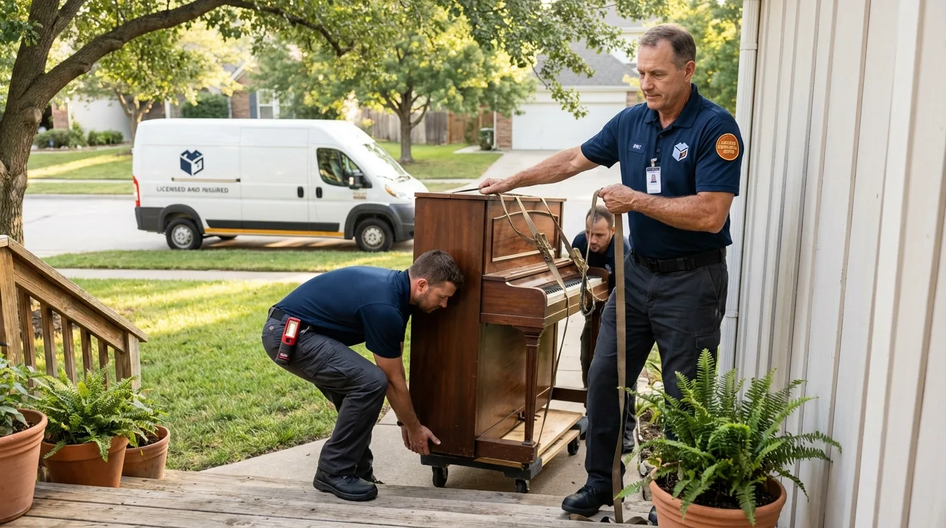 Licensed piano movers securing grand piano in Marion, AL