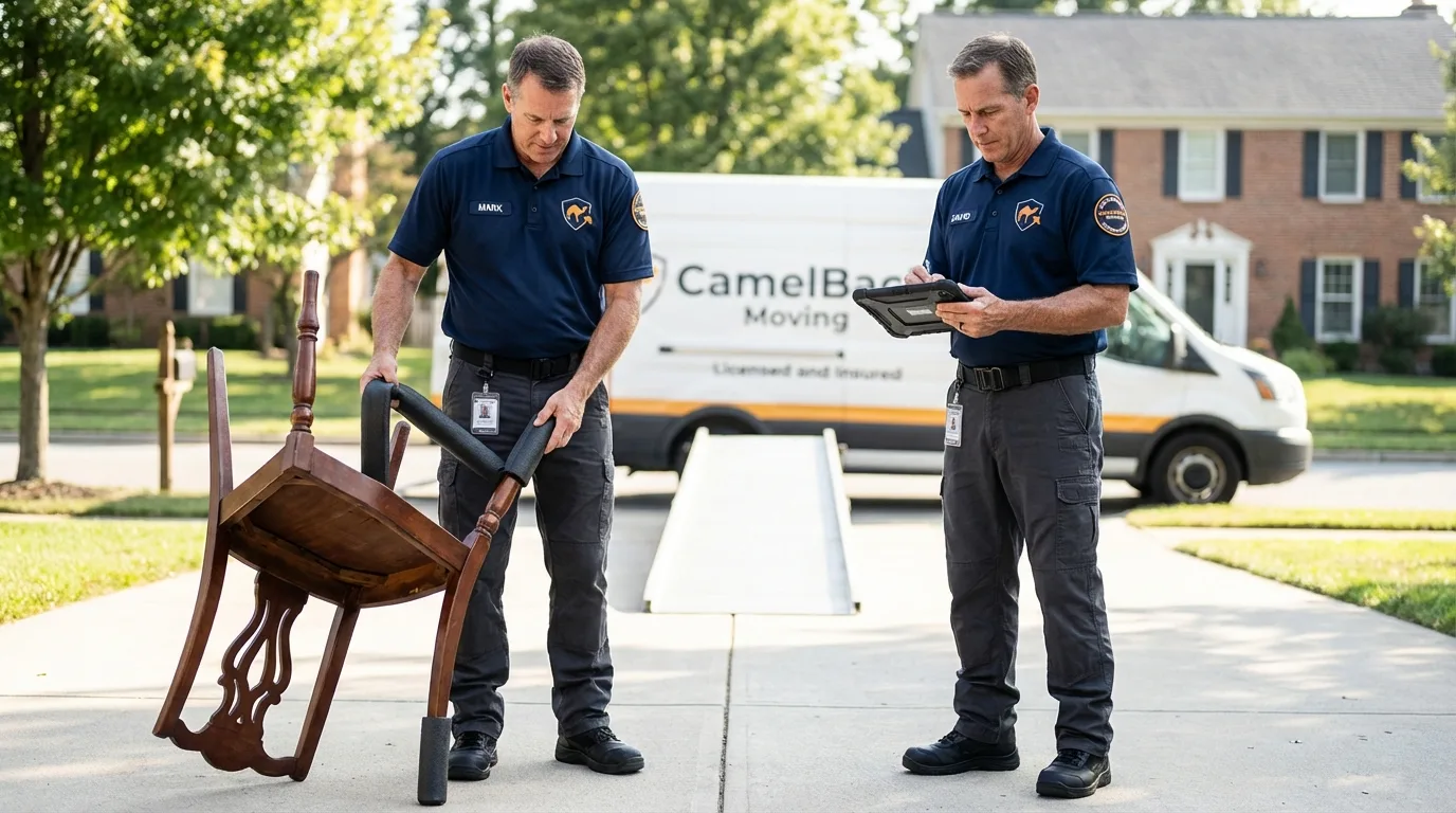 Movers inspecting furniture for damage prevention before loading in Marion, AL